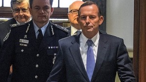 This PR shot released by the PM's office is meant to show a strong determined front in the face of terror - pity that Abbot just looks smug at the idea of playing Churhill